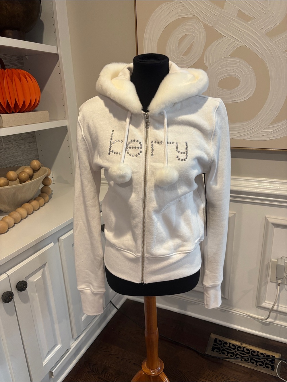Raspberry Hills White Pom Pom Zip Up Hoodie Fur NWT Medium